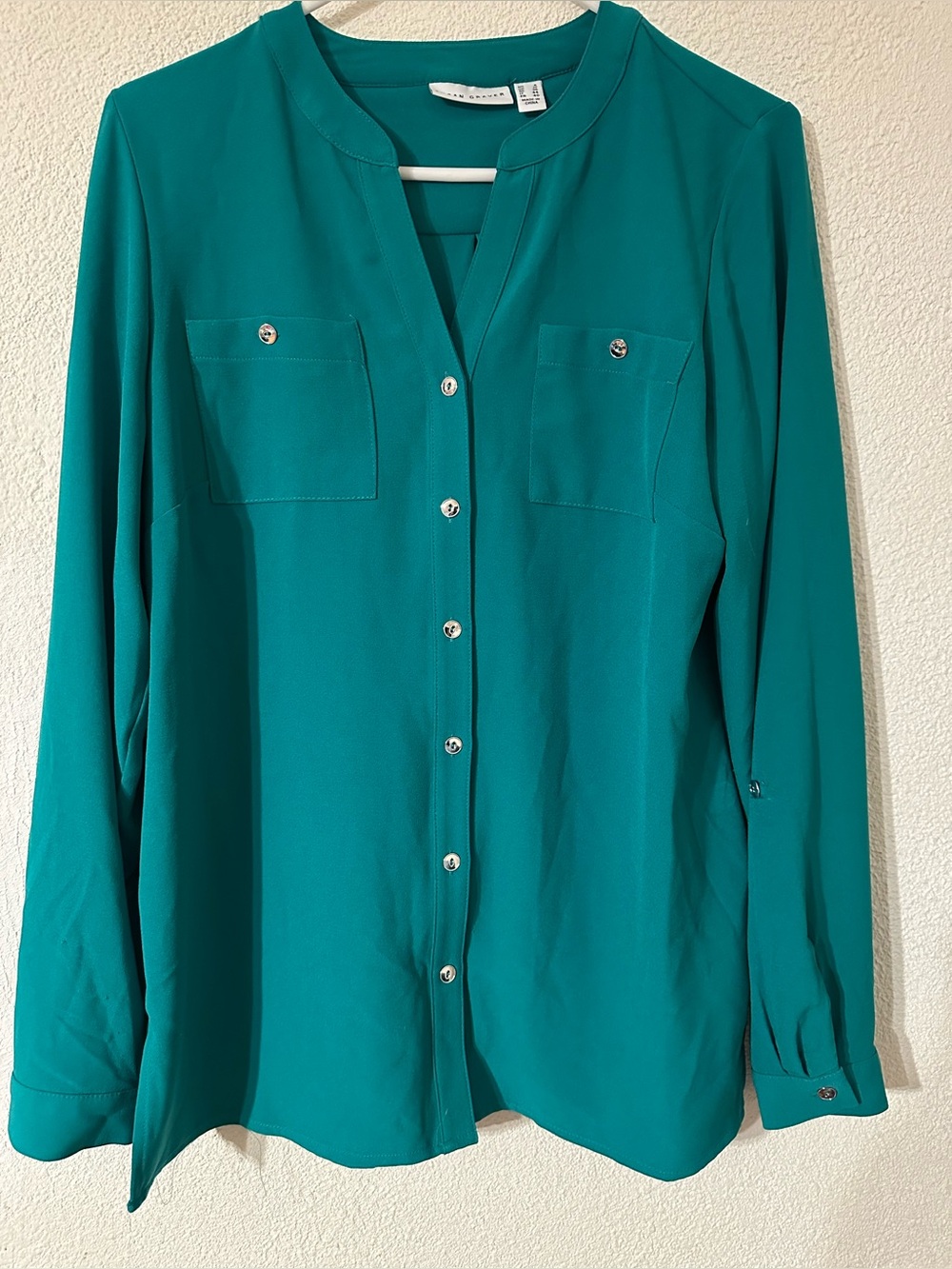 Susan Graver Blouse Women Green Polyester Blend Long Sleeves Button Front Size 6